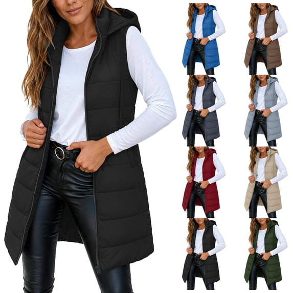 cocolona Long Puffer Vest for Women Hooded Sleeveless Stand Collar Casual Coats Fall Winter Zipper Warm LightWeight Jacket with Pocket