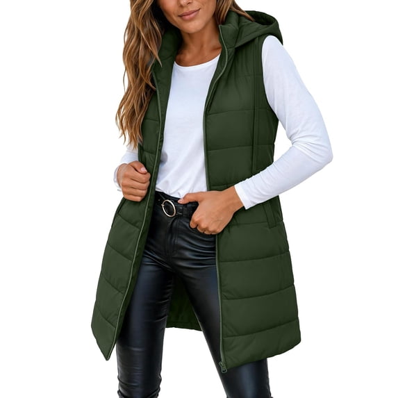 cocolona Long Puffer Vest for Women Hooded Sleeveless Stand Collar Casual Coats Fall Winter Zipper Warm LightWeight Jacket with Pocket