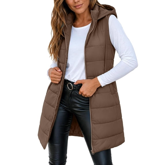 cocolona Long Puffer Vest for Women Hooded Sleeveless Stand Collar Casual Coats Fall Winter Zipper Warm LightWeight Jacket with Pocket