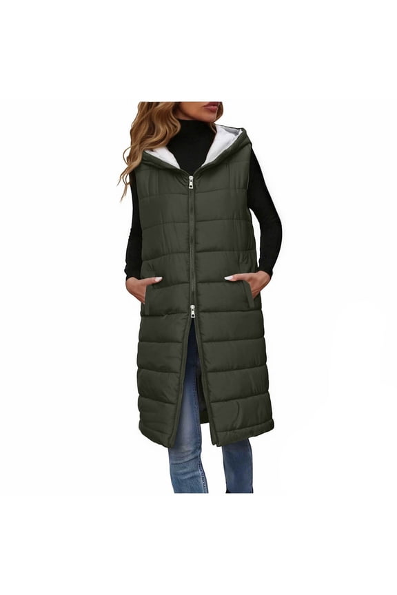 Long Puffer Vests for Women Two-way Zipper Sleeveless Puffer Jacket Winter Lightweight Warm Hooded Down Coats with Pockets