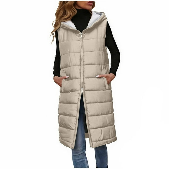 cocolona Long Puffer Vests for Women Two-way Zipper Sleeveless Puffer Jacket Winter Lightweight Warm Hooded Down Coats with Pockets