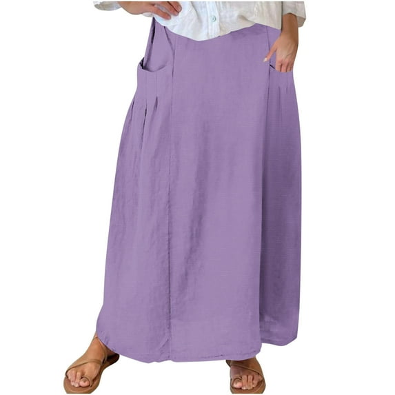 cocolona Long Skirts for Women Elastic Waist Pockets Maxi Skirts Fashion Casual Loose Solid Color Beach Vacation Flowy Skirts Purple M