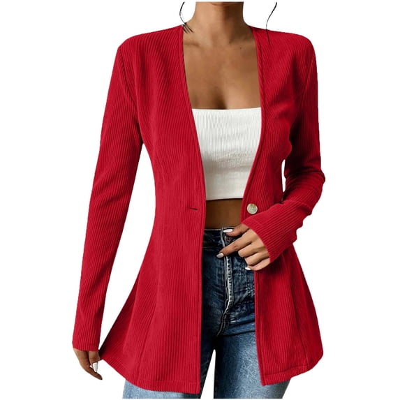 cocolona Long Sleeve Cardigan for Women Button Up Corduroy Solid Color Blazer Lightweight Business Casual Slim Ruffle Fall Tops