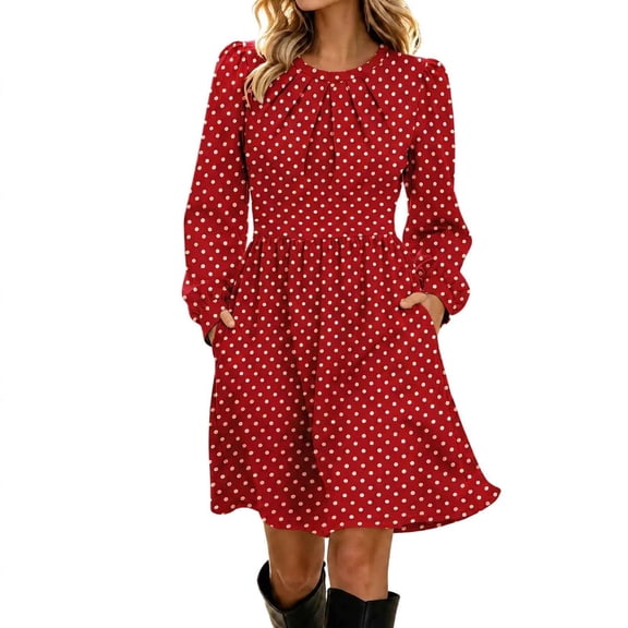 cocolona Long Sleeve Dress for Women Pleated Crew Neck Polka Dress Cute Casual A-Lined Fall Midi Dress with Pocket