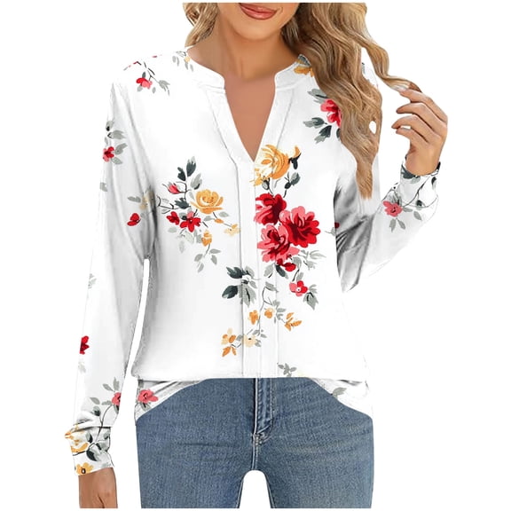 cocolona Long Sleeve Shirts for Women Dressy Casual Blouses Loose V Neck T-shirts Fashion Floral Print Pullover Tunic Tops