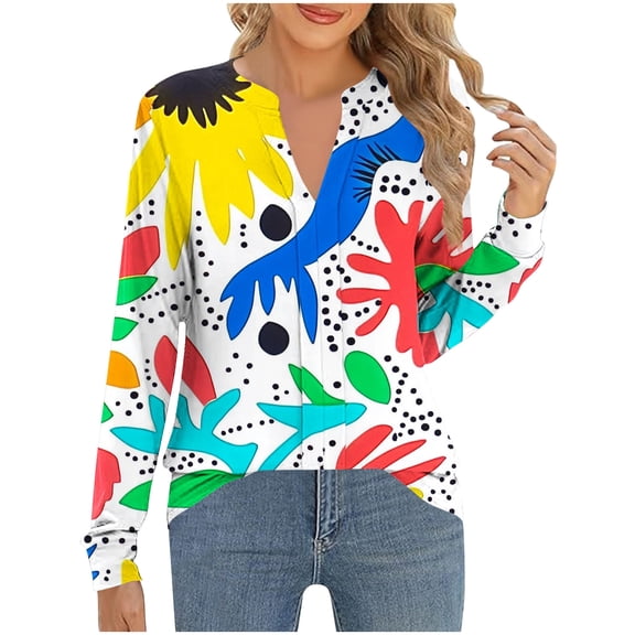 cocolona Long Sleeve Shirts for Women Dressy Casual Blouses Loose V Neck T-shirts Fashion Floral Print Pullover Tunic Tops