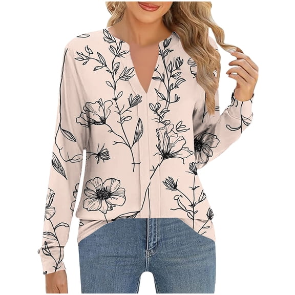 cocolona Long Sleeve Shirts for Women Dressy Casual Blouses Loose V Neck T-shirts Fashion Floral Print Pullover Tunic Tops