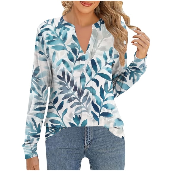 cocolona Long Sleeve Shirts for Women Dressy Casual Blouses Loose V Neck T-shirts Fashion Floral Print Pullover Tunic Tops