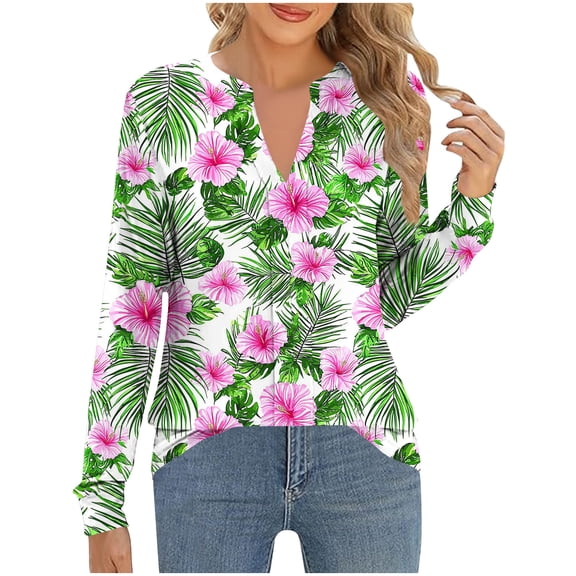 cocolona Long Sleeve Shirts for Women Dressy Casual Blouses Loose V Neck T-shirts Fashion Floral Print Pullover Tunic Tops
