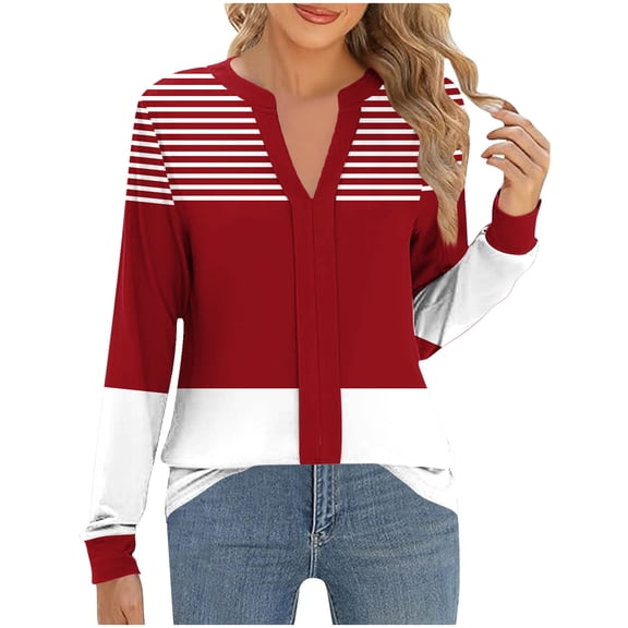 cocolona Long Sleeve Shirts for Women Dressy Casual Blouses Loose V Neck T-shirts Fashion Striped Print Pullover Tunic Tops