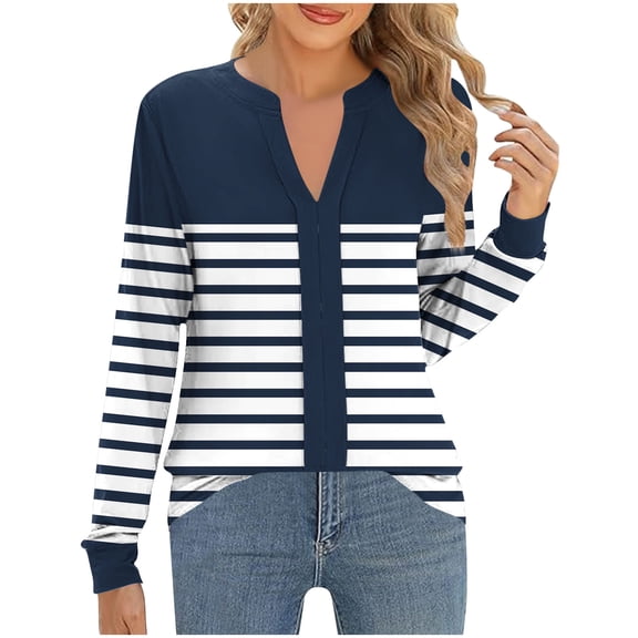 cocolona Long Sleeve Shirts for Women Dressy Casual Blouses Loose V Neck T-shirts Fashion Striped Print Pullover Tunic Tops