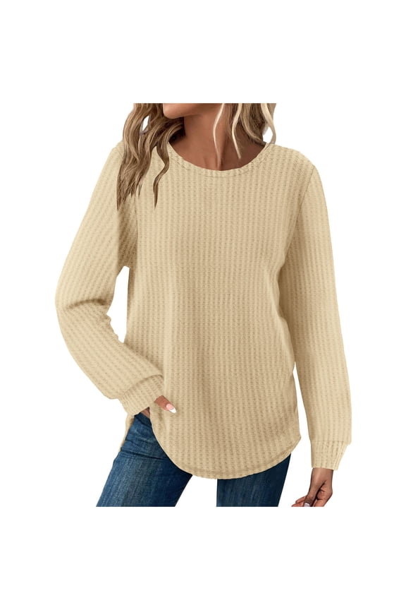 Long Sleeve Shirts for Women Fall Casual Crew Neck Tunic Tops Dressy Casual Blouses Fashion Solid Color Knit Tops