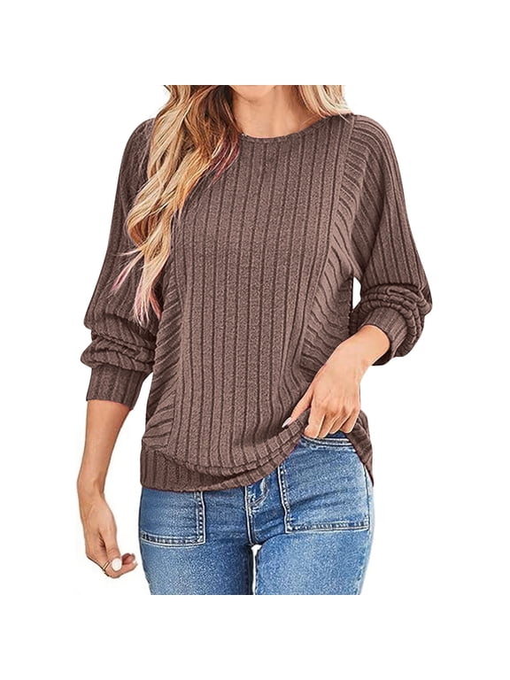 Long Sleeve Shirts for Women Fall Winter Crew Neck Knit Sweaters Fashion Casual Loose Pullover Tops Solid Color Blouses