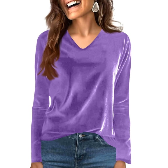 cocolona Long Sleeve Shirts for Women Fashion Solid Color V Neck Velvet Tops Dressy Casual Loose Blouses
