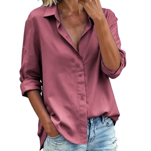 cocolona Long Sleeve Shirts for Women Solid Color Button Down Lapel Blouses Dressy Casual Fall Tops