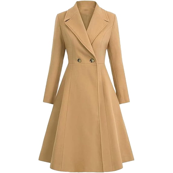cocolona Long Winter Coats for Women Double Breasted Long Sleeve Elegant Wool Pea Coat Slim Fit Pleated Notched Lapel Overcoat