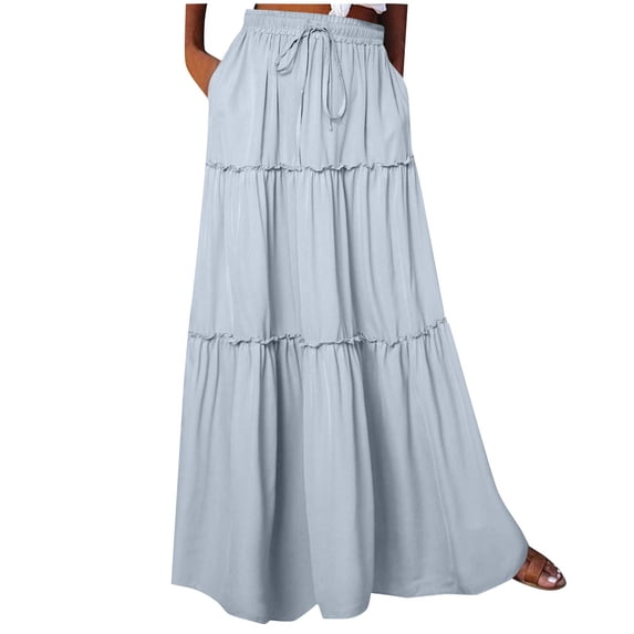 cocolona Maxi Skirts for Women Elastic Waist Drawstring Pleated Flowy Long Skirts Fashion Casual Beach Vacation Boho A Line Skirts Light Blue XL