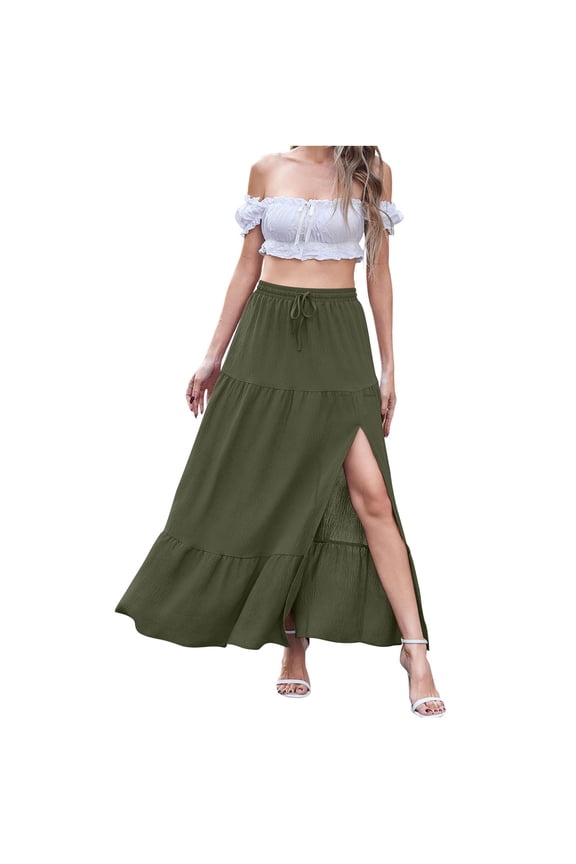 Maxi Skirts for Women Summer Casual Elastic Waist Drawstring Side Slit Long Skirts Beach Vacation A Line Flowy Skirts Army Green S