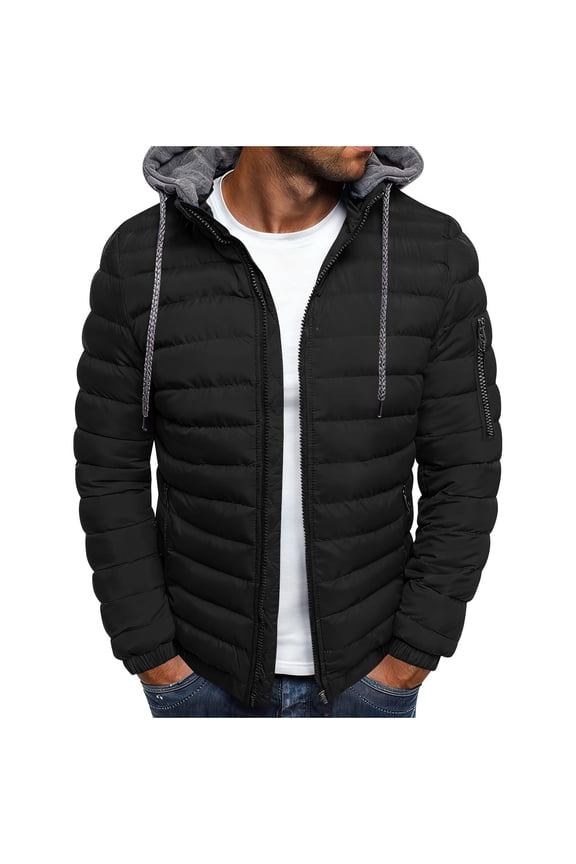 Men's Puffer Jacket Long Sleeve Zipper Hooded Quilted Jackets Winter Warm Casual Down Jacket Coat with Pocket