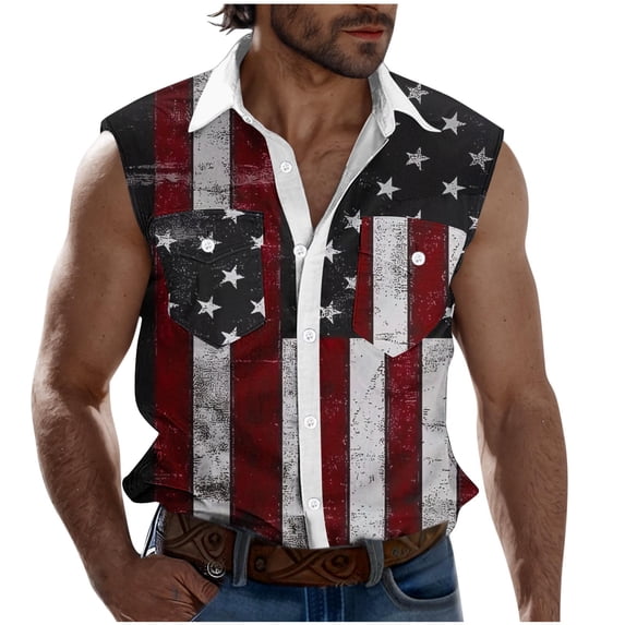 cocolona Mens 4th of July Button Shirts Independence Day America Flag Print Tank Tops Summer Turndown Collar Sleeveless Pockets Patriotic Tank Tops Wine XL