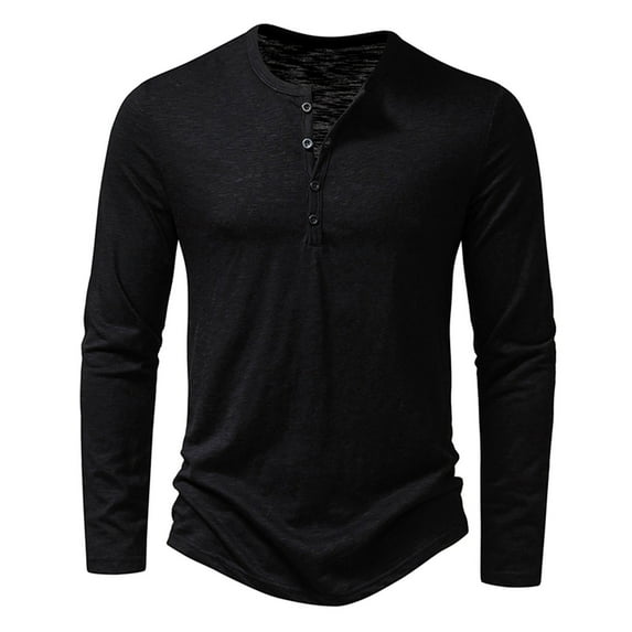 cocolona Mens Button Crew Neck T-shirts Fall Casual Loose Vintage Long Sleeve Shirts Blouse Solid Pullover Tops
