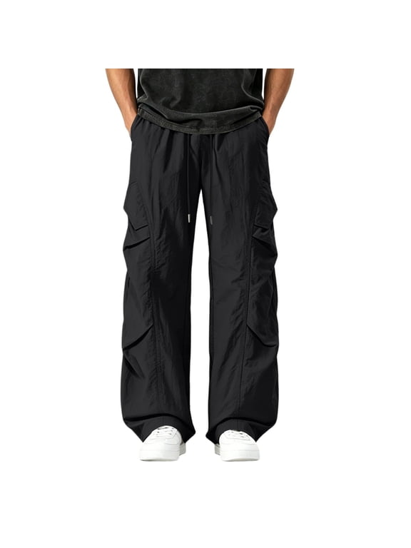 Mens Casual Curved Parachute Pants Elastic Waist Drawstring Wide Leg Cargo Pants with Pockets