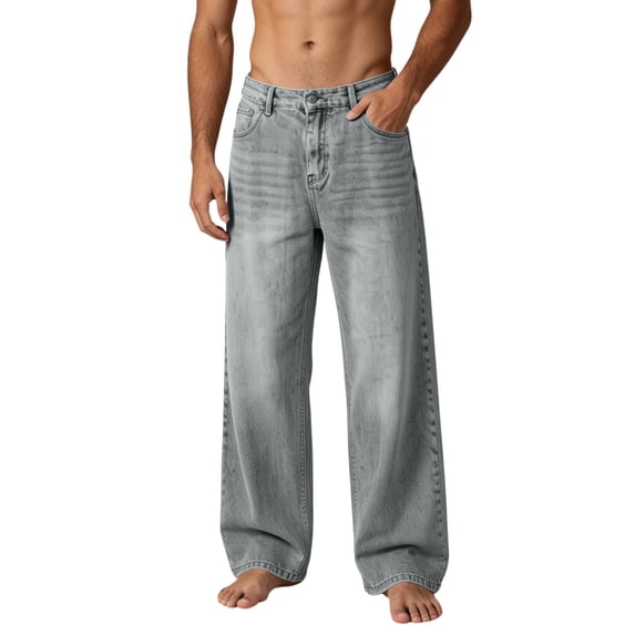 cocolona Mens Casual Loose Retrojeans Button Zipper Waist Straight Wide Leg Denim Pants with Pockets