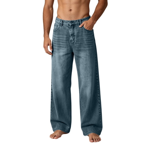 cocolona Mens Casual Loose Retrojeans Button Zipper Waist Straight Wide Leg Denim Pants with Pockets
