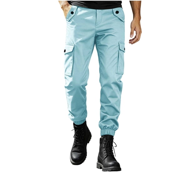 cocolona Mens Casual Loose Tactical Pants Solid Color Elastic Waist Straight Outdoor Hiking Work Pants with Pockets