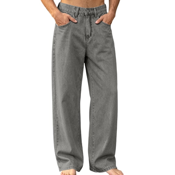 cocolona Mens Casual Retrojeans Button Zipper Waist Straight Wide Leg Denim Pants with Pockets