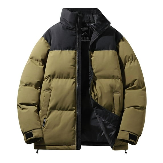 cocolona Mens Color Block Puffer Jacket Long Sleeve Zip Up Stand Collar Down Jacket Winter Thickened Warm Coat with Pockets