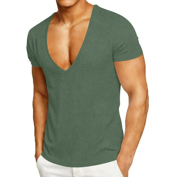 cocolona Mens Deep V Neck T-shirts Summer Casual Short Sleeve Tops Fashion Solid Color Loose Blouses