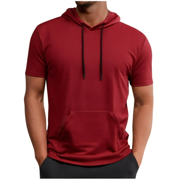 cocolona Mens Drawstring Short Sleeve Hoodie Summer Sports Hooded Sweatshirts Fashion Casual Solid Color Pullover Tops with Pockets Red 4XL