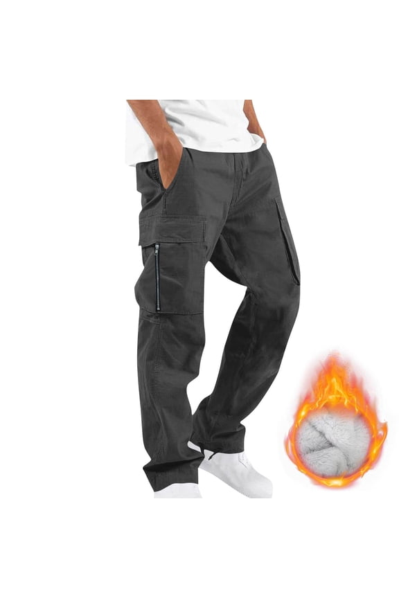 Mens Fleece Lined Cargo Pants Winter Warm Outdoor Hiking Pants Multiple Pockets Straight Type Work Pants Fashion Trousers Pants