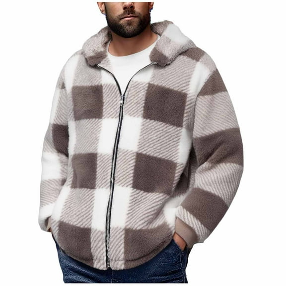 cocolona Mens Fleece Plaid Jacket Casual Long Sleeve Zipper Flannel Jacket Winter Fuzzy Warm Hooded Coats Outwear