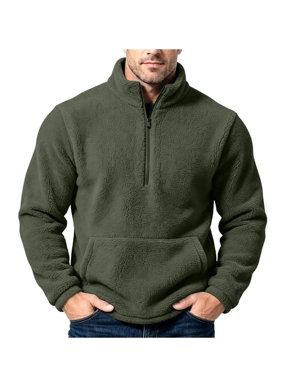 Mens Half Zip Fuzzy Sweatshirt Standing Collar Long Sleeve Shirts Fall Winter Fleece Warm Pullover Tops with Pocket