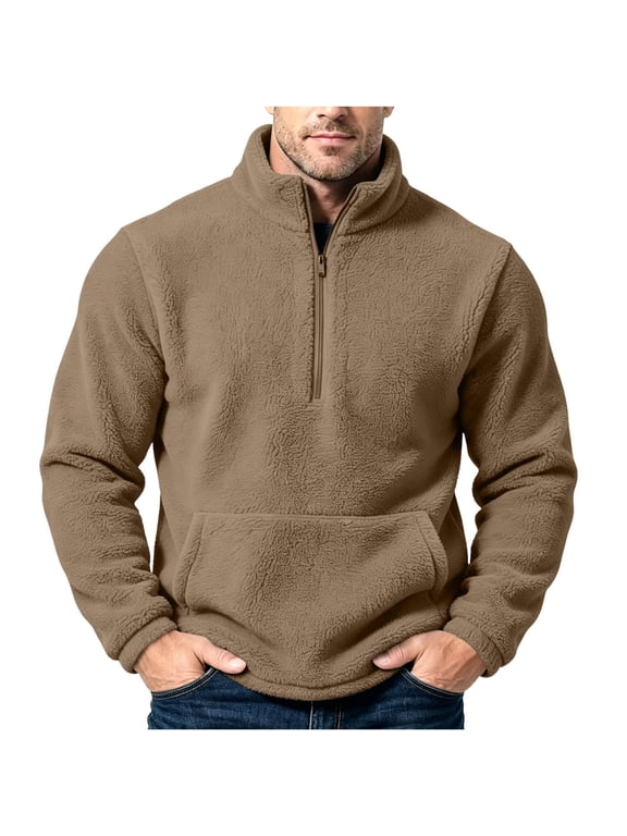 Mens Half Zip Fuzzy Sweatshirt Standing Collar Long Sleeve Shirts Fall Winter Fleece Warm Pullover Tops with Pocket