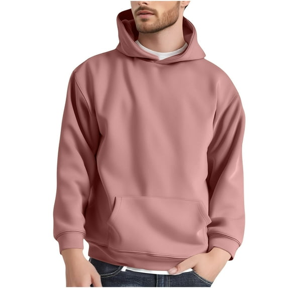 cocolona Mens Hoodie Vintage Solid Color Oversized Hooded Sweatshirts Fall Casual Long Sleeve Pullover Tops with Pocket Pink L