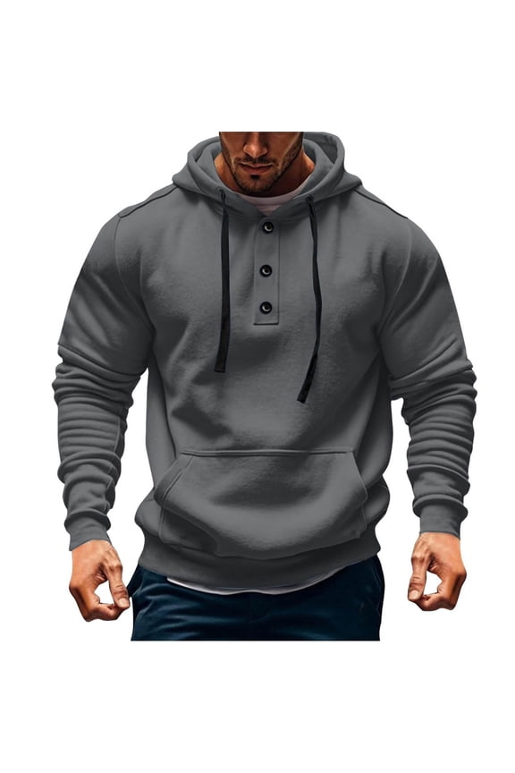 Mens Hoodies Button Collar Drawstring Hooded Sweatshirts Fall Winter Casual Long Sleeve Pullover Tops with Pockets