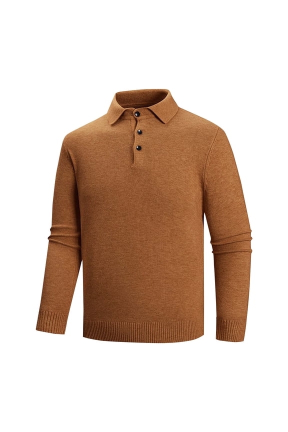 Mens Knit Sweaters Casual Solid Button Lapel Long Sleeve Shirts Fall Winter Pullover Sweaters Tops Brown M