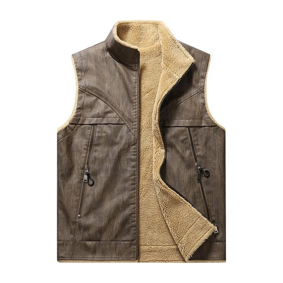cocolona Mens Leather Solid Color Vintage Sleeveless Tops Winter Fleece Warm Vest with Pockets