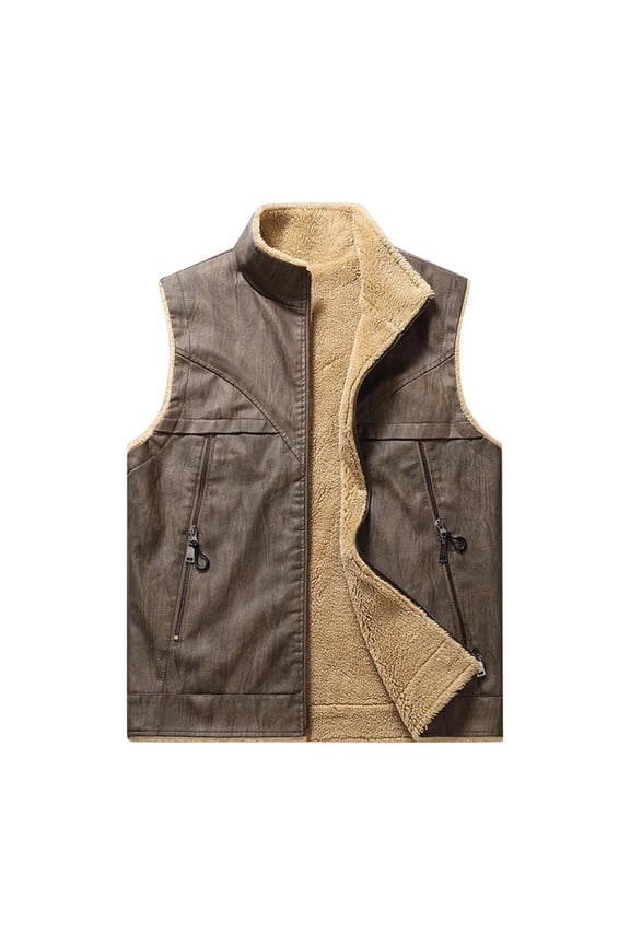 Mens Leather Solid Color Vintage Sleeveless Tops Winter Fleece Warm Vest with Pockets
