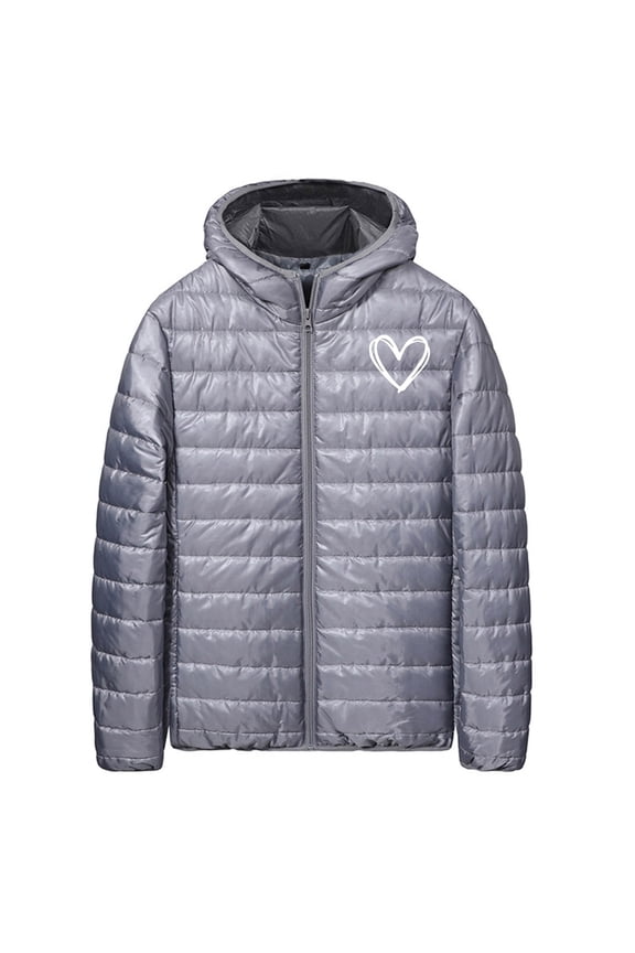 Mens Lightweight Packable Puffer Jacket Heart Print Quilted Jackets Long Sleeve Zip Up Hooded Down Jacket Winter Warm Coat
