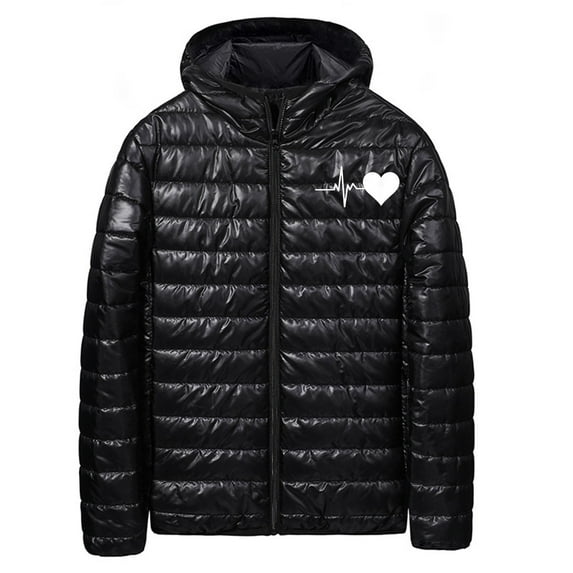 cocolona Mens Lightweight Puffer Jacket Packable Quilted Jackets Long Sleeve Zip Up Hooded Down Jacket Winter Heart Print Coat