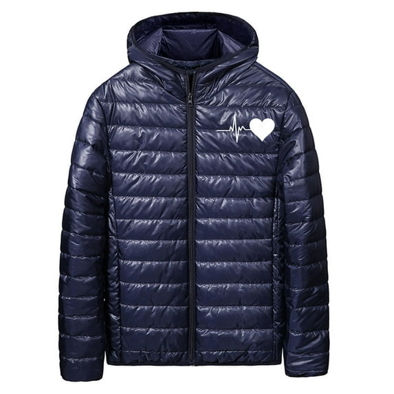 cocolona Mens Lightweight Puffer Jacket Packable Quilted Jackets Long Sleeve Zip Up Hooded Down Jacket Winter Heart Print Coat