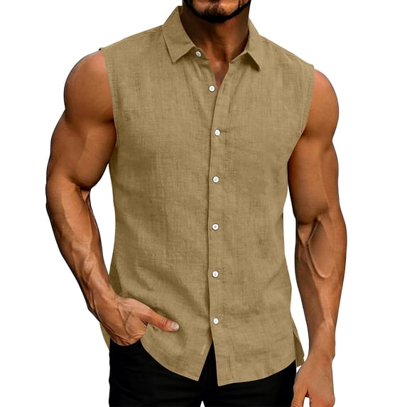 cocolona Mens Linen Button Shirts Summer Sleeveless Turndown Collar Vacation Beach Tank Tops
