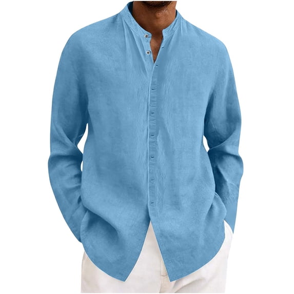 cocolona Mens Linen Shirts Summer Casual Long Sleeve Stand Collar Button-Up Tops Vacation Beach Blouses
