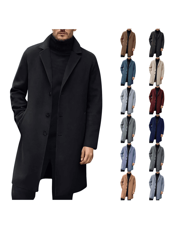 Mens Mid-Length Trench Coat Winter Lapel Long Sleeve Warm Overcoat Casual Long Jacket