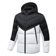 thumbnail image 1 of cocolona Mens Patchwork Puffer Jacket Long Sleeve Zip Up Hooded Down Jacket Winter Thickened Warm Coat with Pocket, 1 of 3
