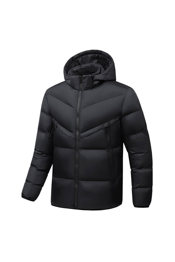 Mens Patchwork Puffer Jacket Long Sleeve Zip Up Hooded Down Jacket Winter Thickened Warm Coat with Pocket